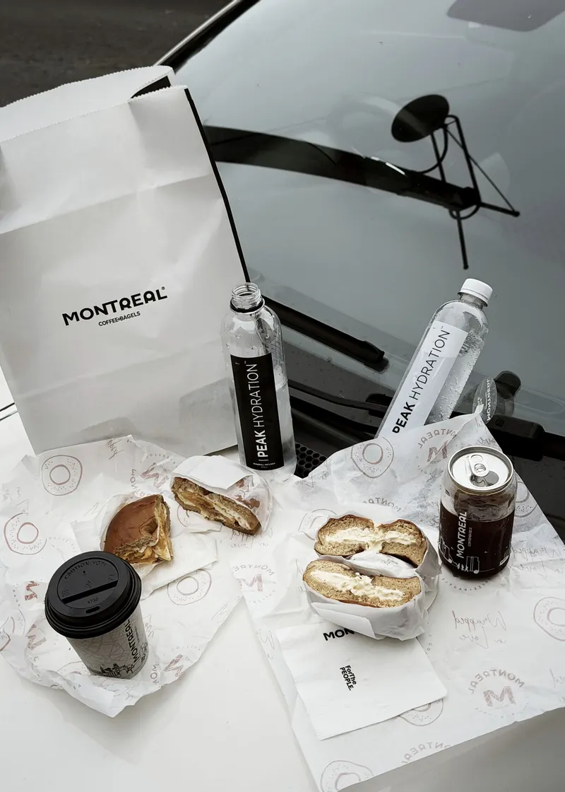 Peak Hydration served with coffee and bagels at Montreal Coffee & Bagels