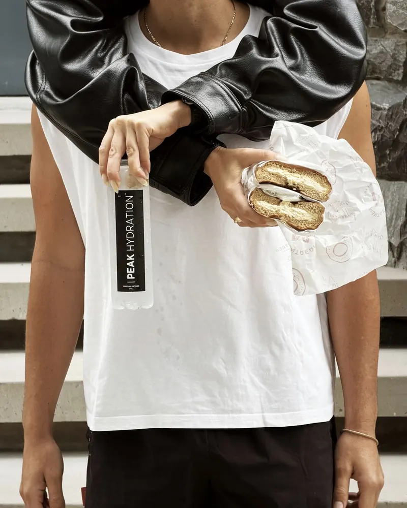 A Montreal bagel and a bottle of Peak Hydration